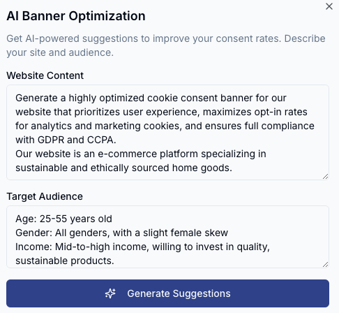 An AI suggestion card appearing over the banner configuration settings.